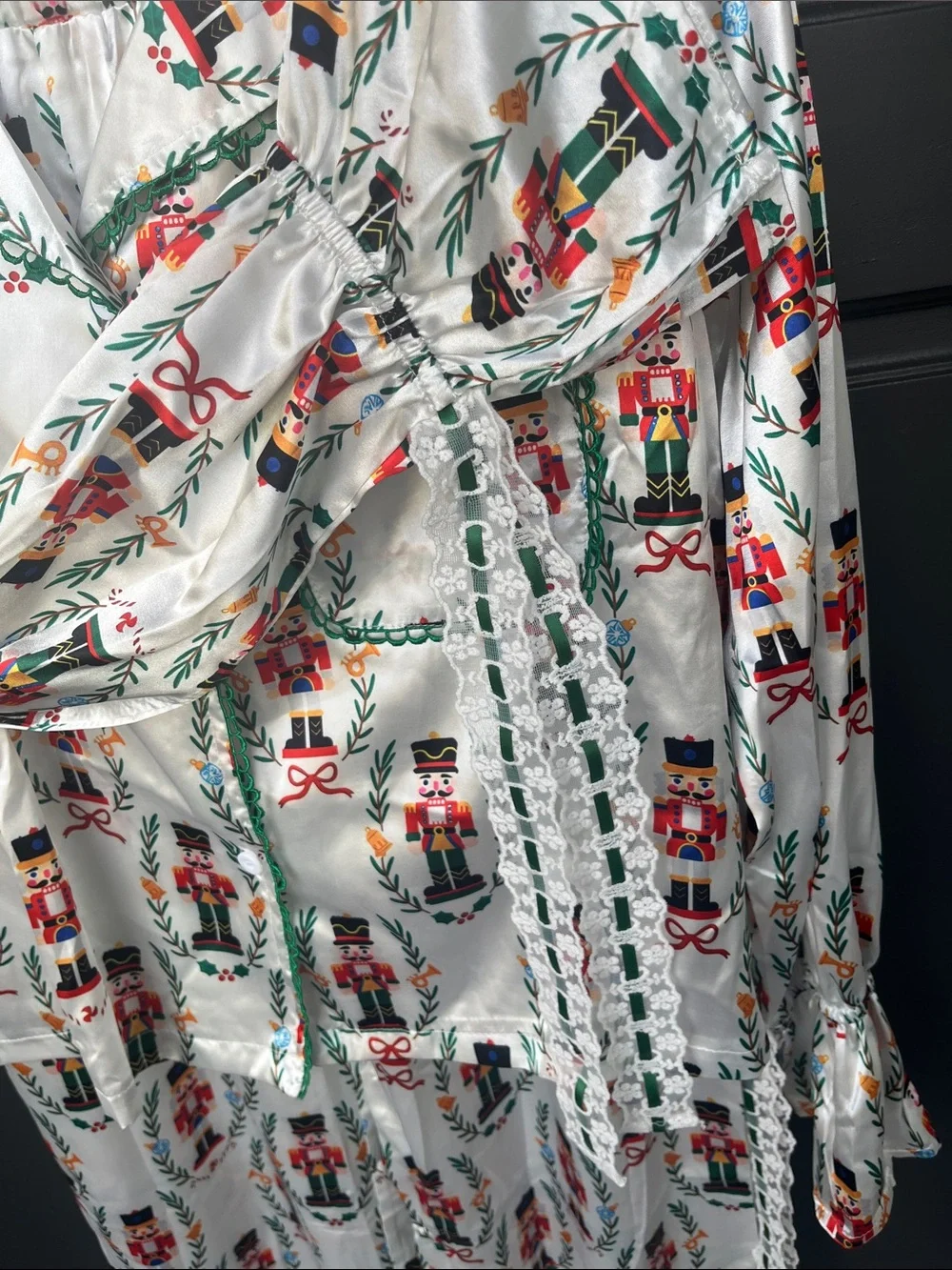Nutcracker Print Satin Pajama Set - White with Red & Green